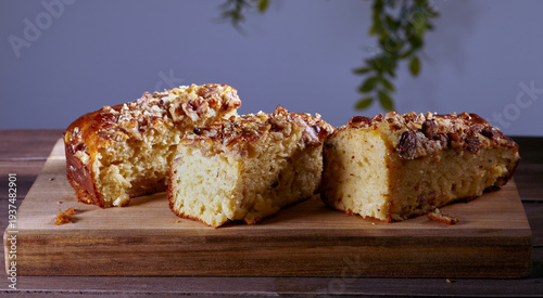 Photography Healthy yogurt and nut cake cut in to pieces.