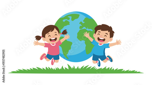 Children jumping earth globe grass