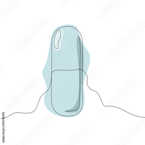 Minimalist single-line vector illustration of a capsule pill with a calming blue watercolor wash. Conceptual icon for modern biotech, pharmaceutical innovation, and mental wellness.