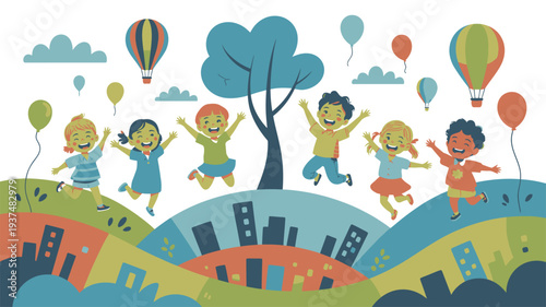 Children Jumping Vibrant Landscape City Balloons