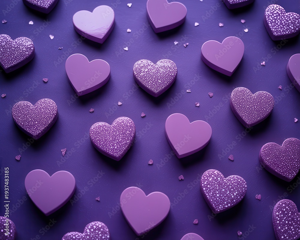 Obraz premium Many purple hearts, some textured with glitter, scattered on a darker purple background. Top view. Valentine's Day concept.