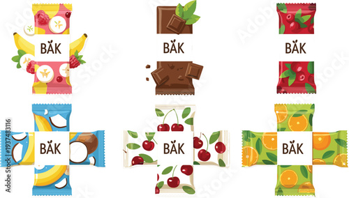 Colorful vector illustration set of fruit and chocolate snack bar packaging designs featuring banana strawberry cherry coconut and orange flavors for healthy food concepts.