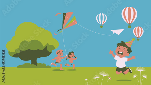 Children playing kite hot air balloons