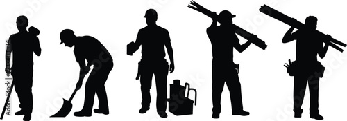 Construction worker silhouettes set, builders carrying materials, shovel digging work, industrial construction labor workers collection