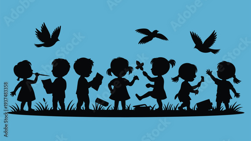 Children playing nature silhouettes