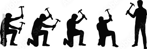 Construction worker hammer silhouettes set, builder kneeling with tool, repair maintenance work, industrial construction labor