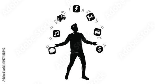 man juggling multiple tasks and social media icons