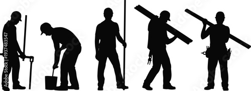 Construction worker silhouettes set, builders carrying beam, repair maintenance tools, industrial construction labor workers collection