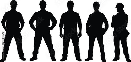 Construction worker silhouettes collection, builders standing front view, industrial labor team, construction industry workers set