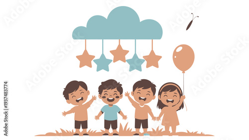 Children smiling waving happy illustration