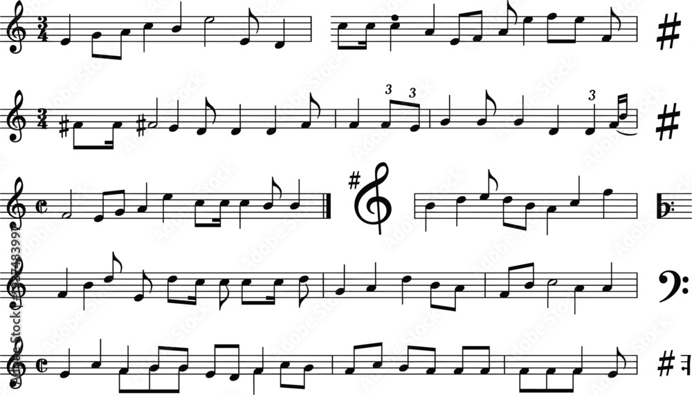 Naklejka premium Black and white vector sheet music illustration featuring musical staves with various notes clefs accidentals and rhythmic symbols for classic melody composition concepts.