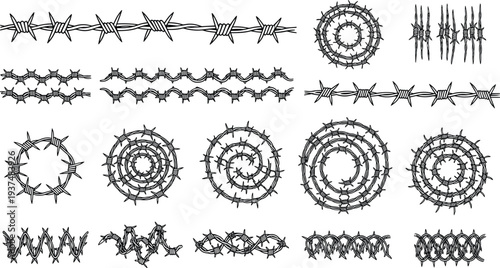 Collection of black barbed wire vector illustrations featuring seamless border patterns circular razor wire coils sharp metal spikes and defensive fencing elements for security design.