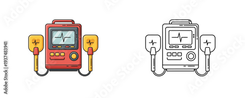 Cardiac defibrillator illustration in red and yellow colors with electrocardiogram screen showing heartbeat rhythm on white background for emergency health support and first aid