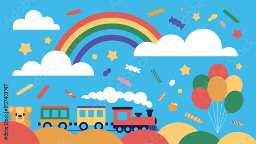 Childrens train toy rainbow balloons