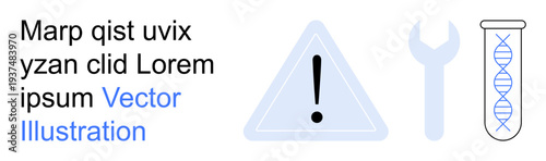 Safety measures, engineering, biotechnology, repair, laboratory tools, genetic research. A warning triangle, wrench and DNA test tube are . Caution and biotechnology are