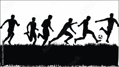 Silhouettes of soccer players in dynamic action on grassy field