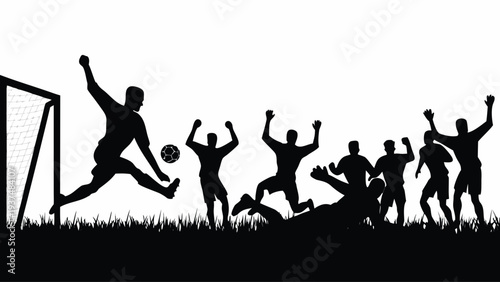 Soccer players celebrating goal in silhouette on grassy field