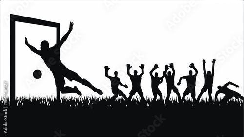 Soccer players celebrating winning goal in grassy field