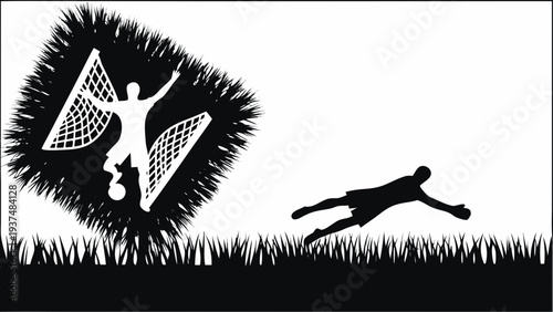 Dynamic soccer player kicking ball into goal with energetic motion