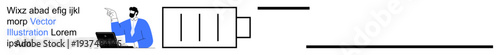 Energy management, productivity, work life balance, burnout prevention, digital lifestyle, efficiency. Person using a laptop and pointing at an empty battery. Energy management and productivity