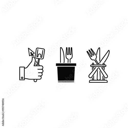 Kitchen utensil icons with thumbs up and cutlery holders