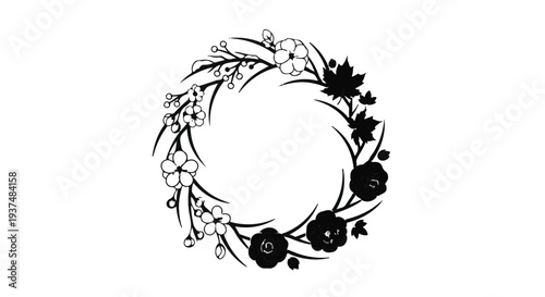 black floral wreath frame with flowers and leaves