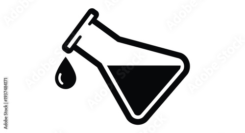 Minimalist black silhouette of a chemical flask with a liquid drop
