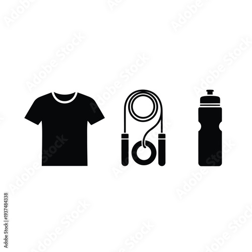 Minimalist fitness icons with t-shirt skipping rope and water bottle