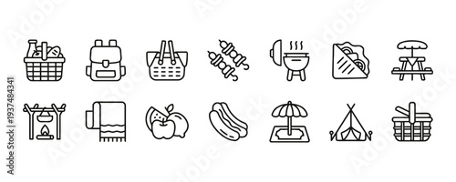 Picnic and outdoor activity icons for leisure, food, and travel