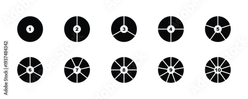 Pie chart icons showing division from one to ten parts