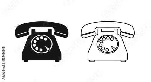 Vintage rotary telephone icons in black silhouette and line styles
