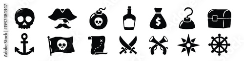 Pirate symbols collection, including skull, treasure chest, and pirate flag