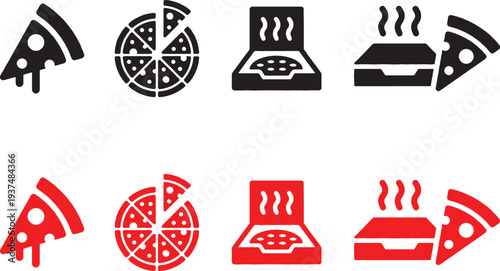 Pizza slices and pizza boxes in black and red vector graphics