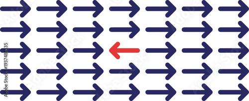 Red Arrow Facing Opposite Direction to Blue Arrows Keywords: arrow, direction, opposite