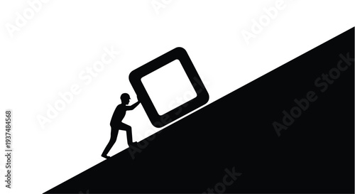 man pushing large square up a steep hill struggle