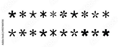 Row of abstract asterisk symbols in black and white variations