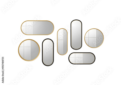 Modern wall mirror set gold and black png on transparent background