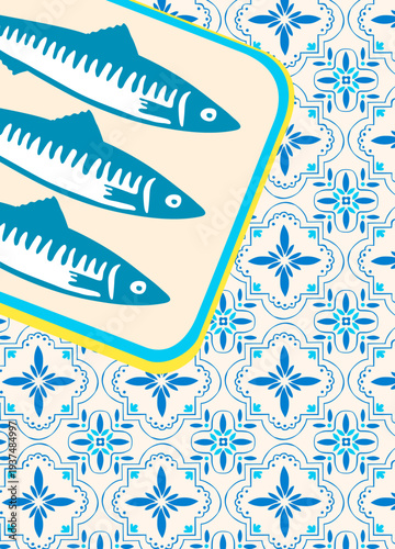 Mediterranean sardine pattern with blue fish and Italian mosaic tiles. Summer sea poster design with nautical floral ornaments, vintage stamps and retro Amalfi coast illustration style.