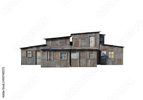 A row of rusty corrugated metal shanty houses png on transparent background