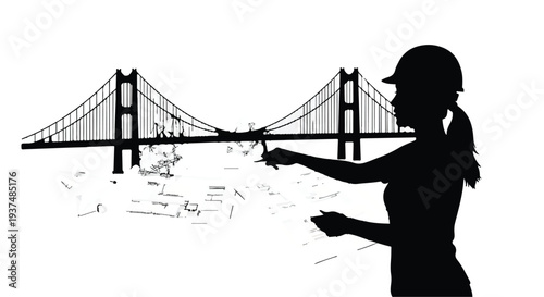 Silhouette of woman throwing papers off Golden Gate Bridge