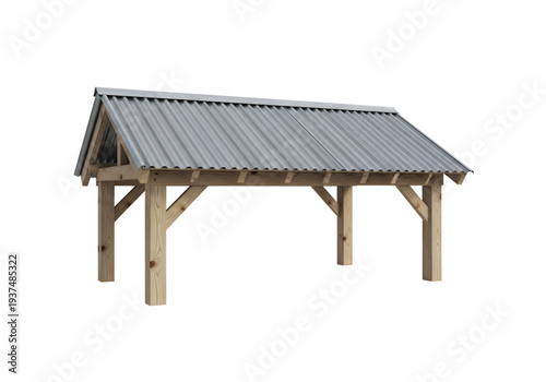 Wooden garden pavilion with grey corrugated metal roof png on transparent background