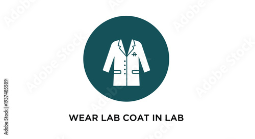 Flat design icon of a white lab coat on a teal circle with text on a white background.