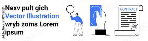 Person holding speech bubble, cash in hand, and signed contract representing deals, communication, money exchange, negotiation, documentation, agreements and financial decisions. Ideal for blogs