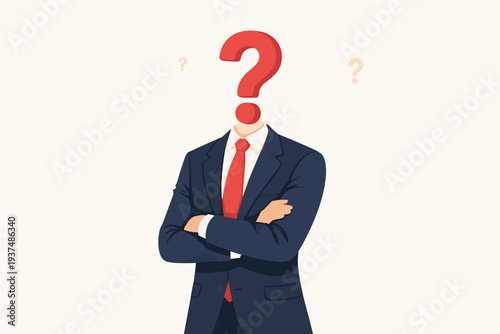 Anonymous businessman in a suit with a red question mark instead of a head, symbolizing uncertainty, mystery, unknown identity, job candidate, or hidden employee in a professional business concept.