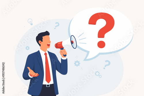 Businessman shouting into a megaphone with a large red question mark in a speech bubble, asking for help, seeking answers or solutions to solve business problems, communication and inquiry concept.