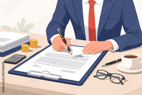 Professional businessman signing a legal document or contract agreement on a clipboard at a desk with gold coins, calculator, and coffee, representing banking, loan, mortgage, or investment.