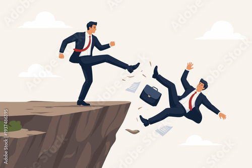 Businessman Kicking Colleague off a Cliff Representing Business Betrayal, Dishonesty, and Career Sabotage. Corporate Rivalry, Unfair Competition, and Backstabbing in the Workplace Illustration.