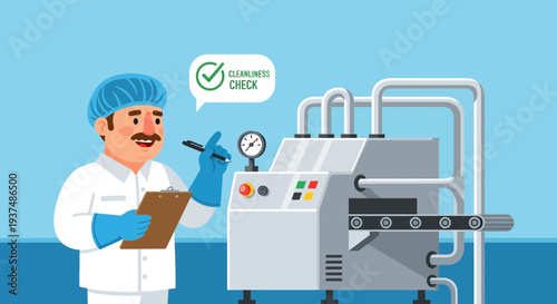 Food Factory Worker Inspecting Machinery for Cleanliness and Quality Assurance