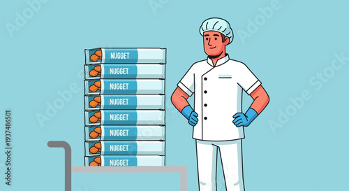 Food processing worker standing beside a tall stack of chicken nugget packages