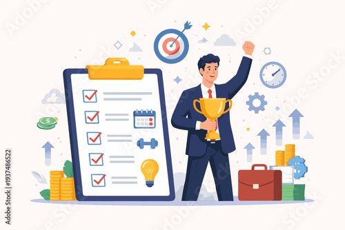 Successful businessman holding trophy next to checklist with completed tasks, representing daily habits for success, goal achievement, productivity, and growth. Concept of professional success